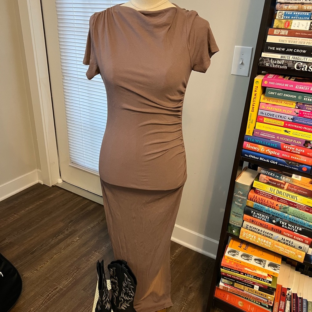 Tan Ruched Maxi Dress With Slits - Picture 2 of 7